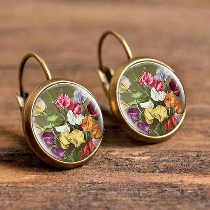 Boucles d'oreilles Vintage en grappe de fleurs, rondes rétro, Bronze Antique, dôme en verre, bijoux
