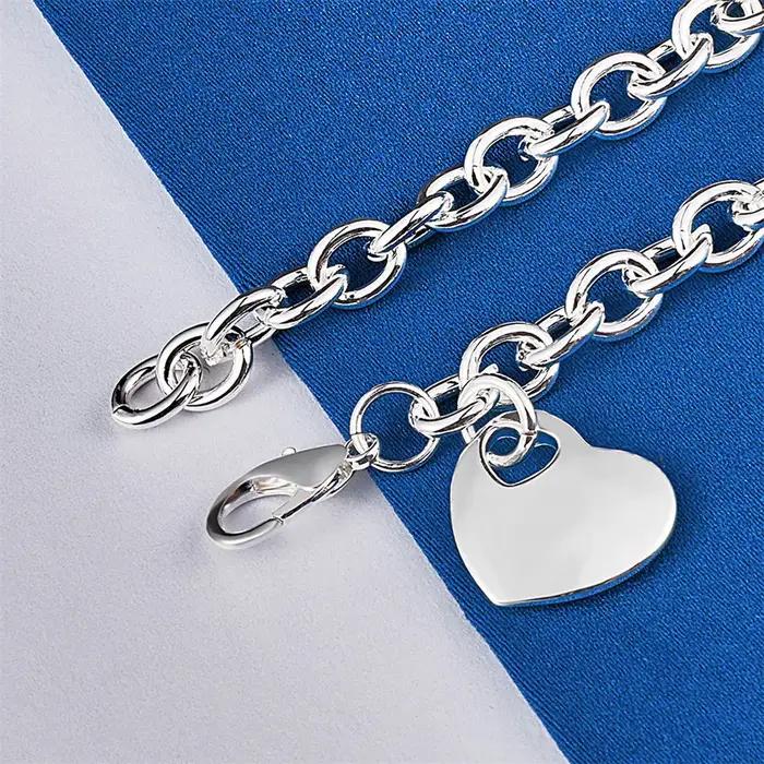 Bracelet en argent sterling 925 de 8 pouces en forme de cœur exquis
