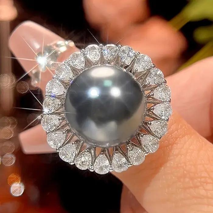 Bijoux en perles de Tahiti noires, bague à motif soleil, collier réglable, boucles d'oreilles, brace