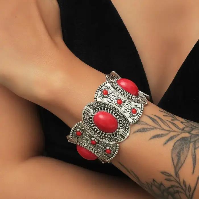 Bracelet élastique large tribal style campagnard occidental anneau à main turquoise style ethnique européen américain or jaune clair rhodium or