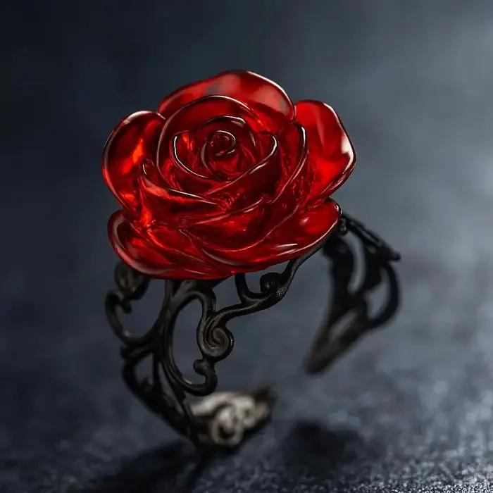 Bague Rose Rouge Gothique Punk avec Motif Vigne Noire Ornée, Design Sorcière Pagan Vintage, Bijou Cr