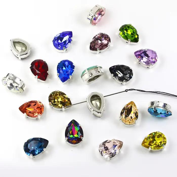 Cristal de verre goutte d'eau, Strass avec griffe argentée cousue sur Strass, pour couture chaussures vêtements robe, Cristal 3003