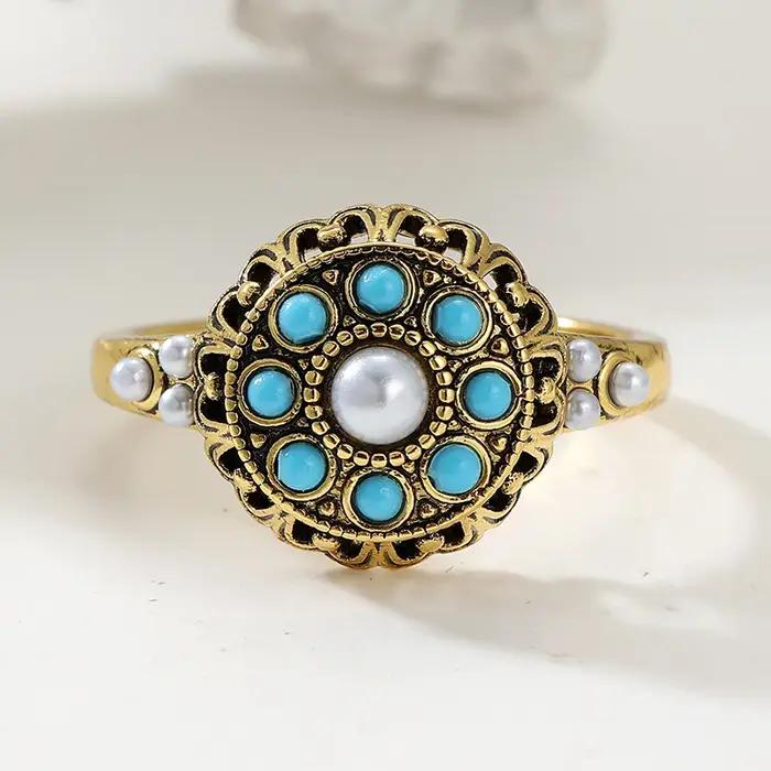 Bague Vintage Exquise en Bronze Incrustée de Turquoise Synthétique Façonnée, Bijou de Mode Féminin, Accessoire de Banquet et de Festival, Cadeau