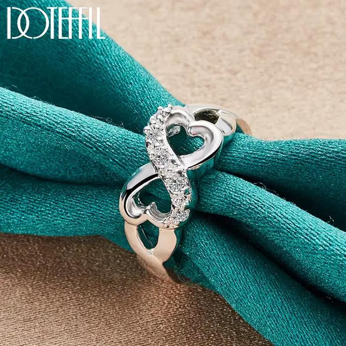 Bague double cœur en argent regardé 925 pour femme