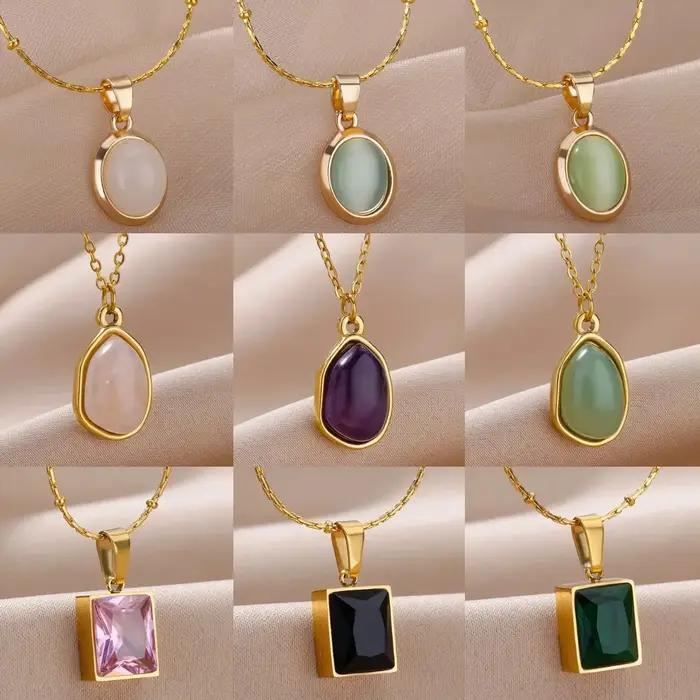 Collier ovale en pierre colorée en acier inoxydable or style classique tracker d'humeur pour femmes occasions spéciales anniversaire