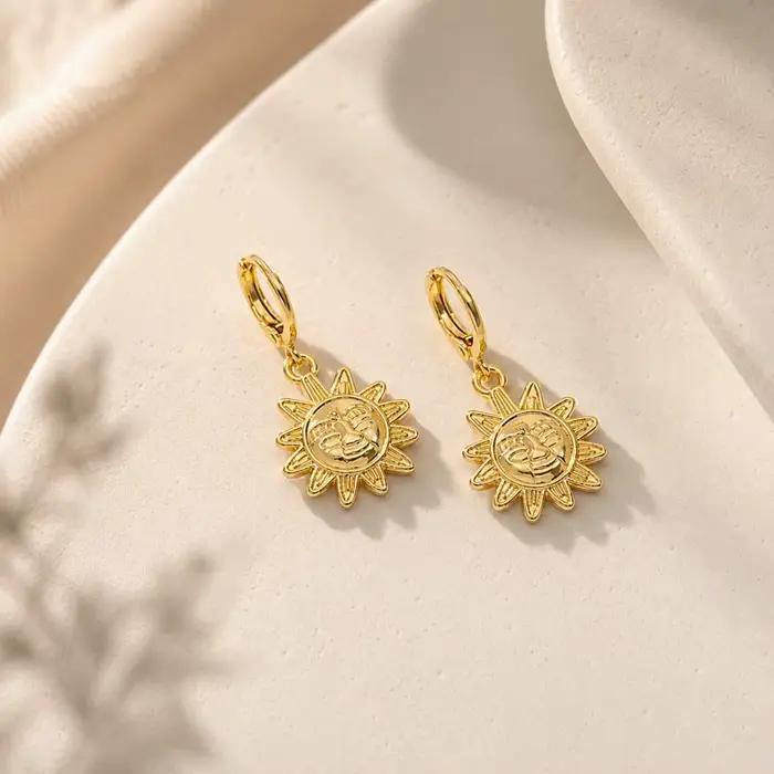Boucles d'oreilles créoles rondes Soleil et Lune, Série Étoiles, Fleurs, Œil de Dieu, Simples, Quotidiennes, Cadeau de Fête, Nouveauté, Délicates, Bijoux pour Femme