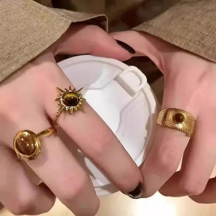 Bagues rétro en pierre marron pour femmes et filles