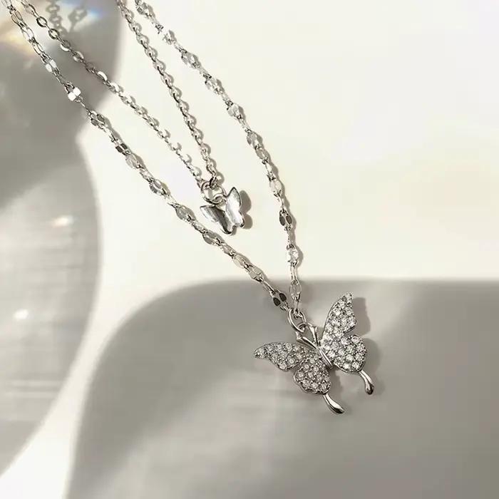 Collier papillon double couche en argent regardé S925 pour femme, accessoires de clavicule, frais, p