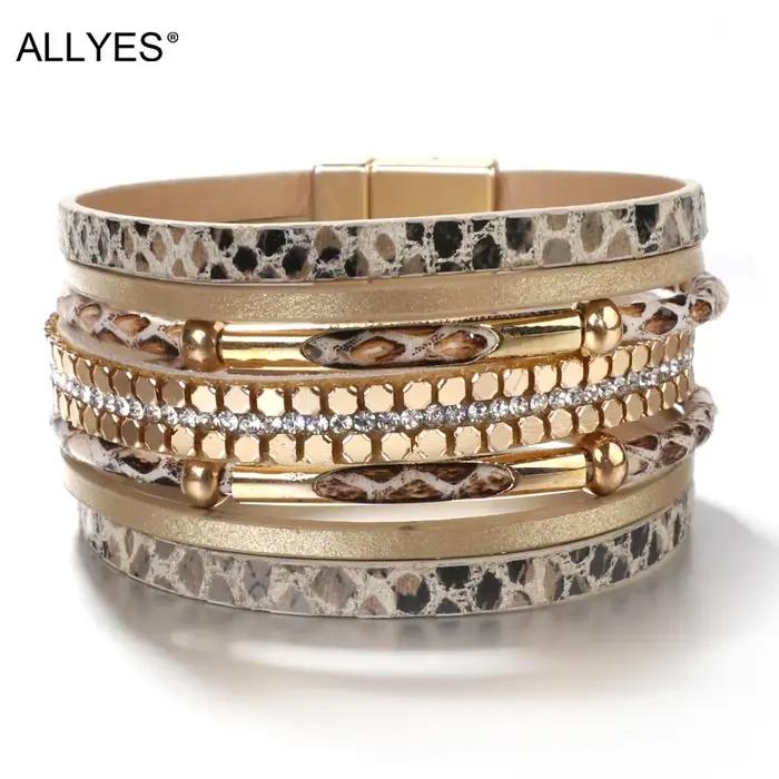 ALLYES cristal peau de serpent Bracelets en cuir pour femmes mode bohème multicouche bracelet à breloques