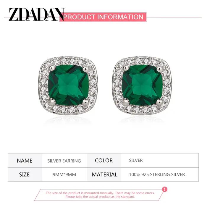 ZDADAN 925 argent Sterling 9mm carré émeraude boucle d'oreille pour les femmes bijoux de mode