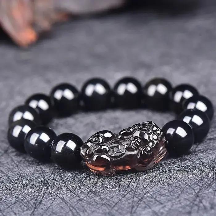 Bracelet Obsidienne Double Pixiu, Obsidienne Noire, Argent Tibétain, Œil Arc-en-Ciel Pixiu