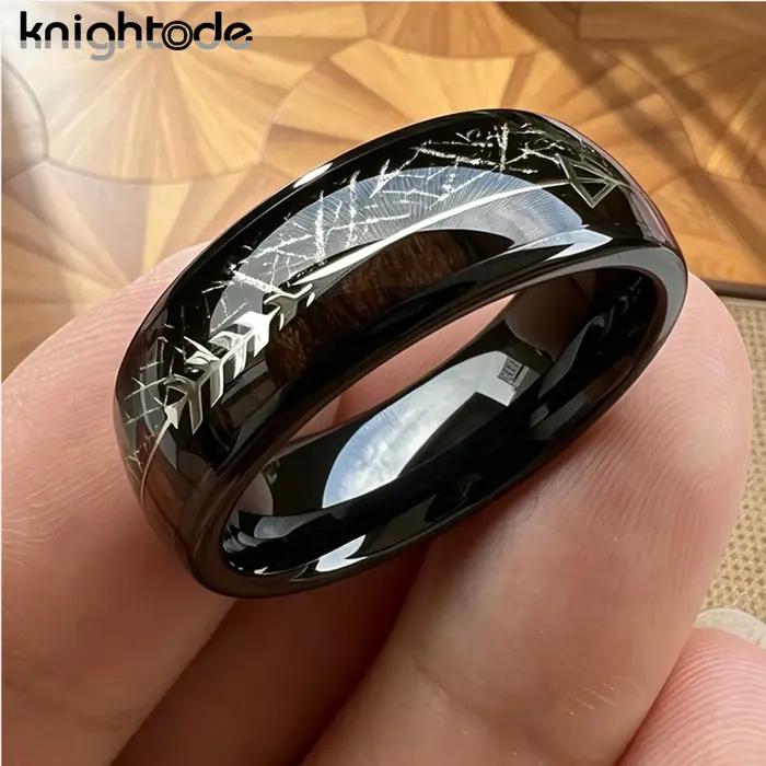 Anneau en carbure de tungstène avec incrustation de Texture Unique en bois de météorite noire/Koa