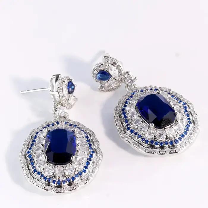 Boucles d'oreilles de luxe en saphir bleu, bijoux de mariée en Zircon bleu Royal et cristal, boucles