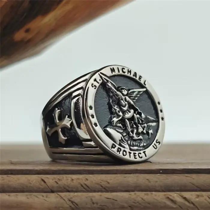 ST MICHAEL – bague solide en acier inoxydable 316L, bijoux Saint Protect Us, bagues d'ange