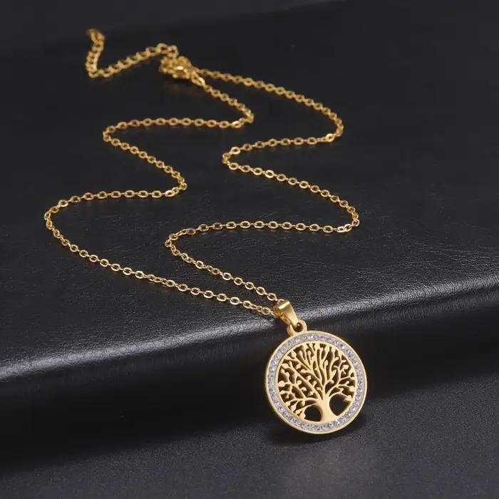 Skyrim-Collier arbre de vie pour femmes en acier inoxydable couleur or Zircon clair pendentif rond Chaînes de cou Cadeau de mariage de luxe