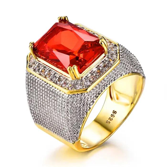 Magnifique grande bague en pierre de Zircon rouge pour hommes et femmes