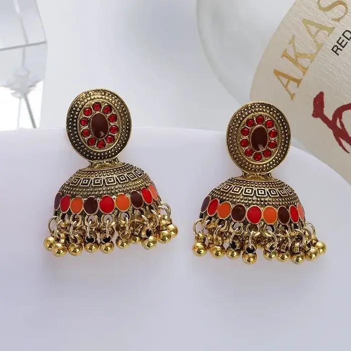 Boucles d'oreilles ethniques indiennes couleur or cloche pendantes pour dames charme multicolore cristal bohème bijoux