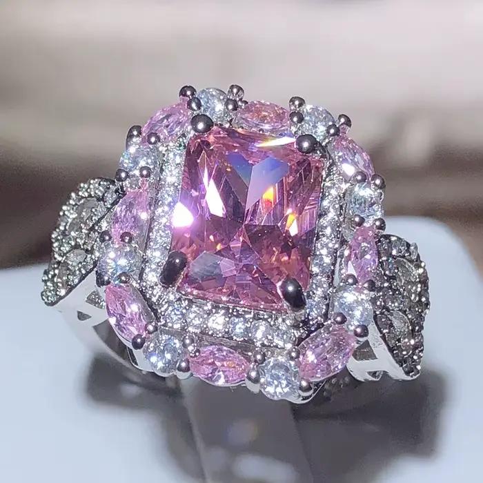 Bague carrée en Zircon rose scintillant pour femme, timbre 925, nouveaux bijoux à la mode, cadeau d'