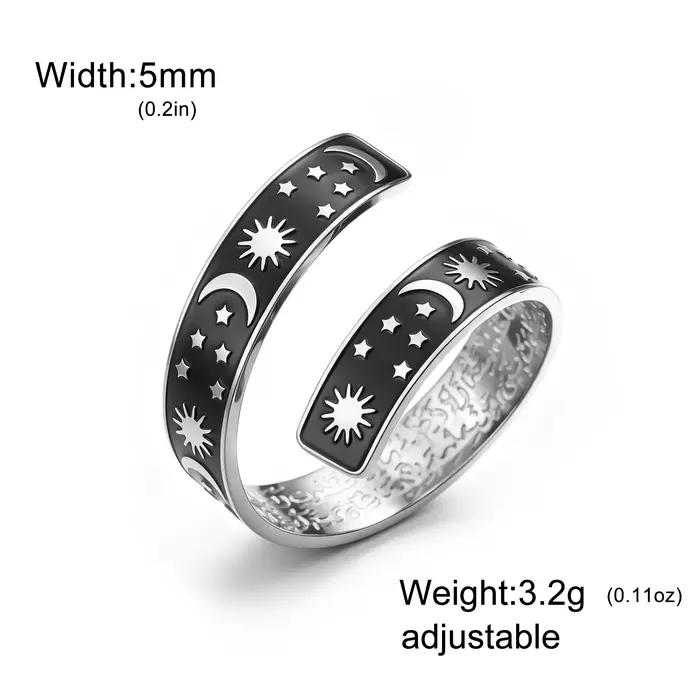 Bague ouverte Skyrim Soleil Lune Étoile pour femmes et hommes, en acier inoxydable, avec calligraphi