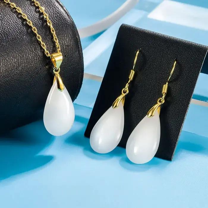 Ensemble de bijoux en argent Sterling 925 avec pendentif goutte de jade blanc pour femmes occasions spéciales fiançailles mariage anniversaire party