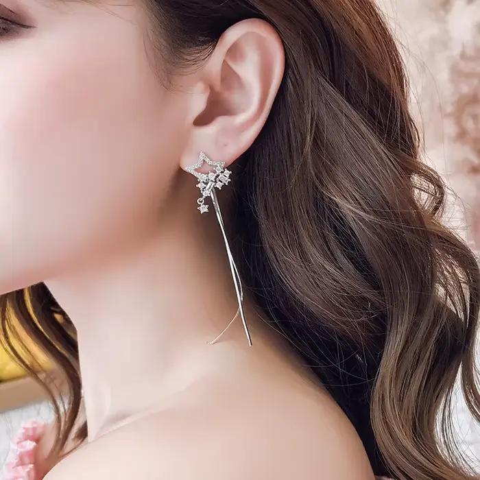 Boucles d'oreilles bohèmes étoilées en argent sterling 925 avec zirconium pour femmes, pendentifs longs pour parties et occasions spéciales