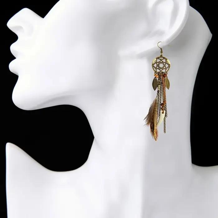 Boho ethnique capteur de rêves plume Antique Long crochet boucles d'oreilles fantaisie à la main chaîne gland boucle d'oreille pour les femmes bijoux