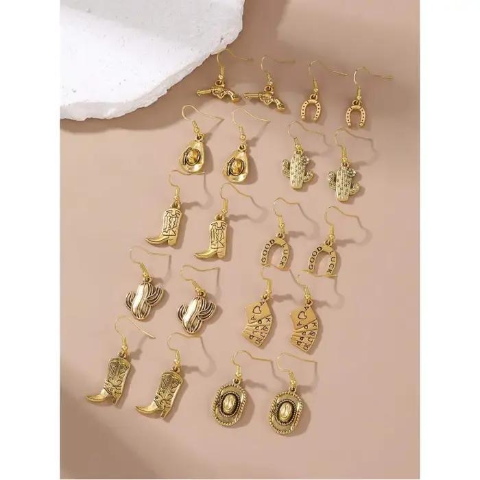 Lot de 10 boucles d'oreilles tendance en métal style western cowboy