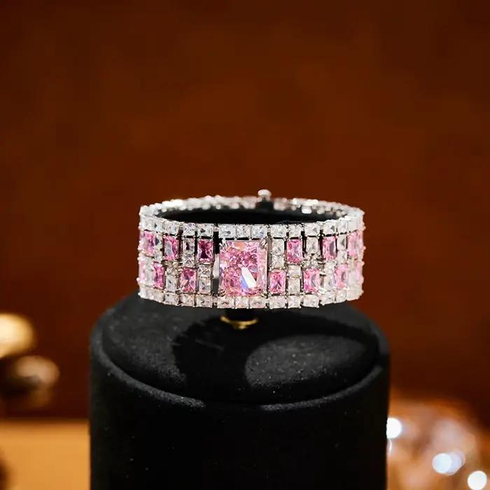 Marque de luxe pur 925 bijoux en argent Sterling pour les femmes Bracelet en cristal rose diamant conception