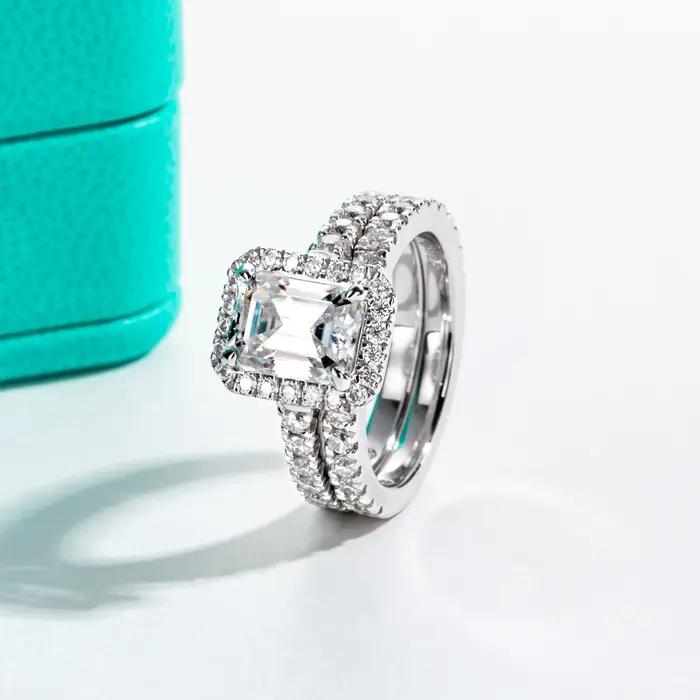 3ct émeraude coupe D couleur Moissanite Halo bague de mariée ensemble Vintage alliance bagues en argent avec Cer bijoux