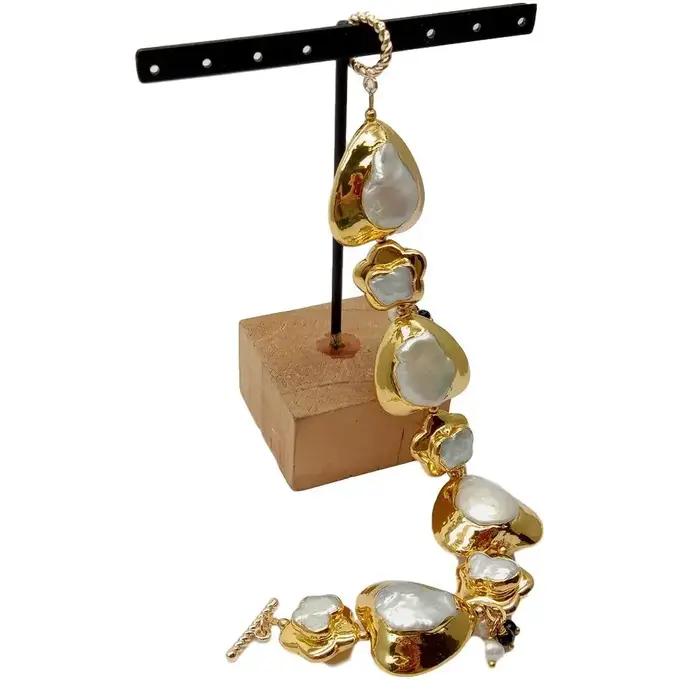 KKGEM perle Keshi blanche naturelle avec Bracelet enroulé en forme de cœur et de fleur plaqué or 9 "fermoir à bascule style de classe