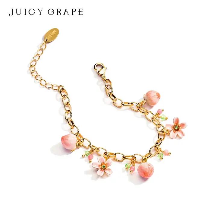 JUICY GRAPE-Bracelet Pêche pour Femme, Bijoux Originaux, Doux et Mignon, Fruit Pêche et Fleur de Pêcher, Style Français, Été