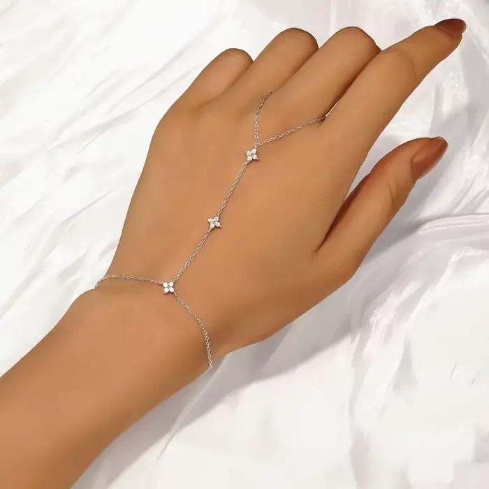 Bracelet Lnkry en Moissanite Certifiée 2,5 mm, Plaqué Or 14 carats, Motif Fleur à Quatre Feuilles, avec Anneau et Chaîne de Main, Bijoux Empilables