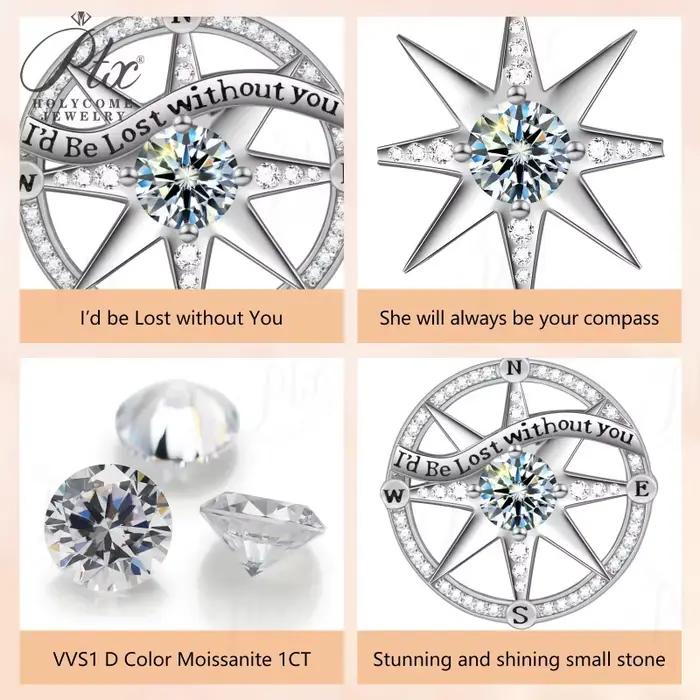 Pendentif Boussole Moissonite D VVS1 Collier en Argent Sterling 925 Hypoallergénique pour Femmes Occasions Spéciales