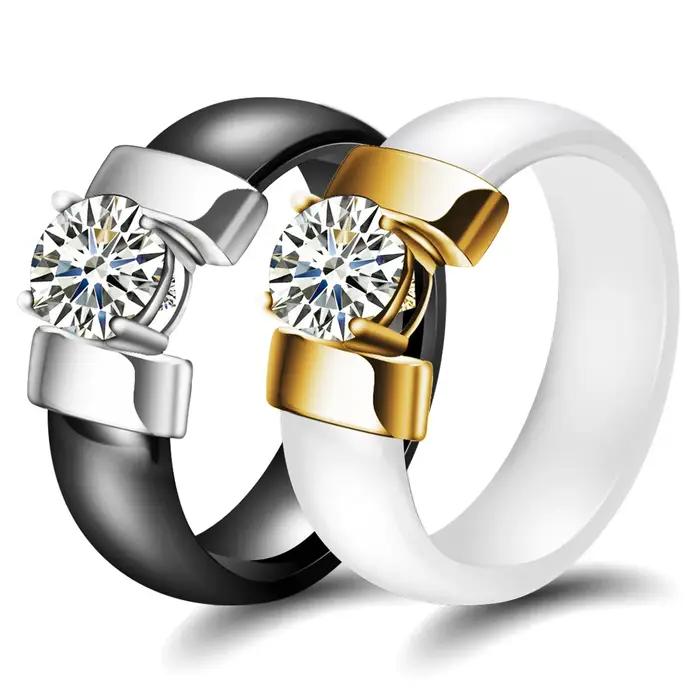 Bague de fiançailles en céramique noire et blanche avec zircon brillant, alliance de mariage hypoallergénique pour femmes, occasions spéciales et engagement