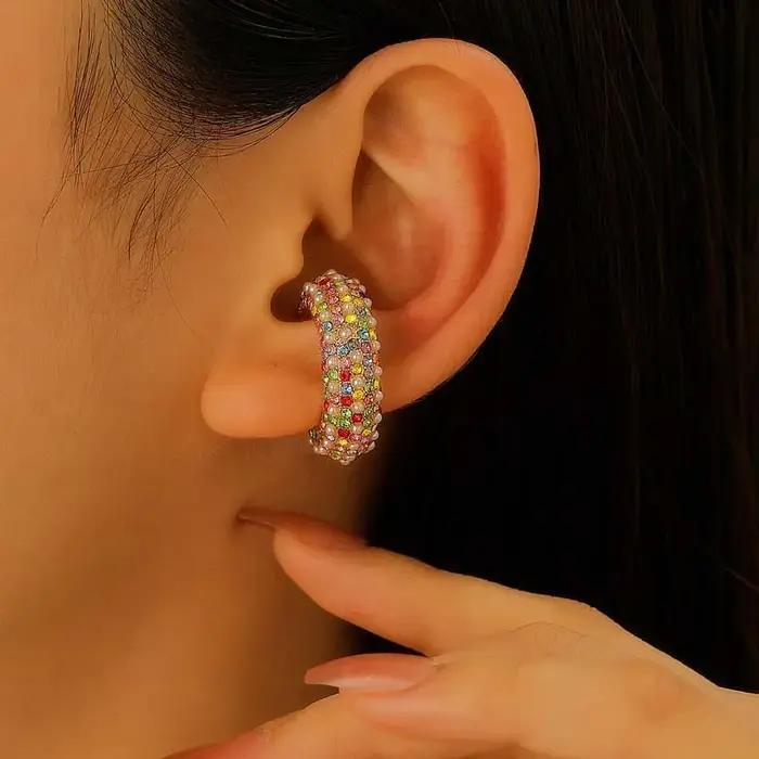 Boucles d'oreilles de luxe en cristal coloré pour femmes, Clip d'oreille en perles de Zircon, en mét