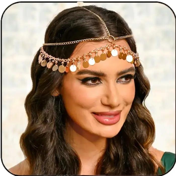Nouvelle mode Bijou de tête de mariage en métal doré avec sequins ronds et pampilles