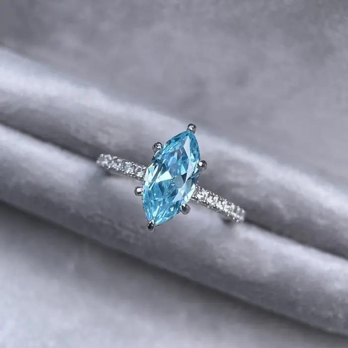 Wong Rain 925 argent Sterling Marquise coupe 6*12 MM aigue-marine haute teneur en carbone diamant gemmes bague de fiançailles pour les femmes bijoux fins