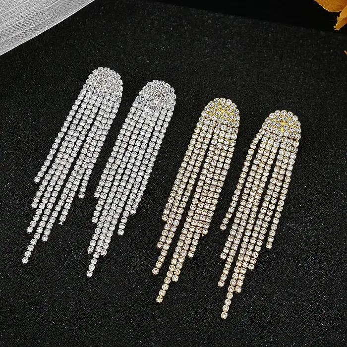 FYUAN mode longue gland boucles d'oreilles pour femmes noir or argent couleur strass balancent boucle d'oreille bijoux de fête de mariage