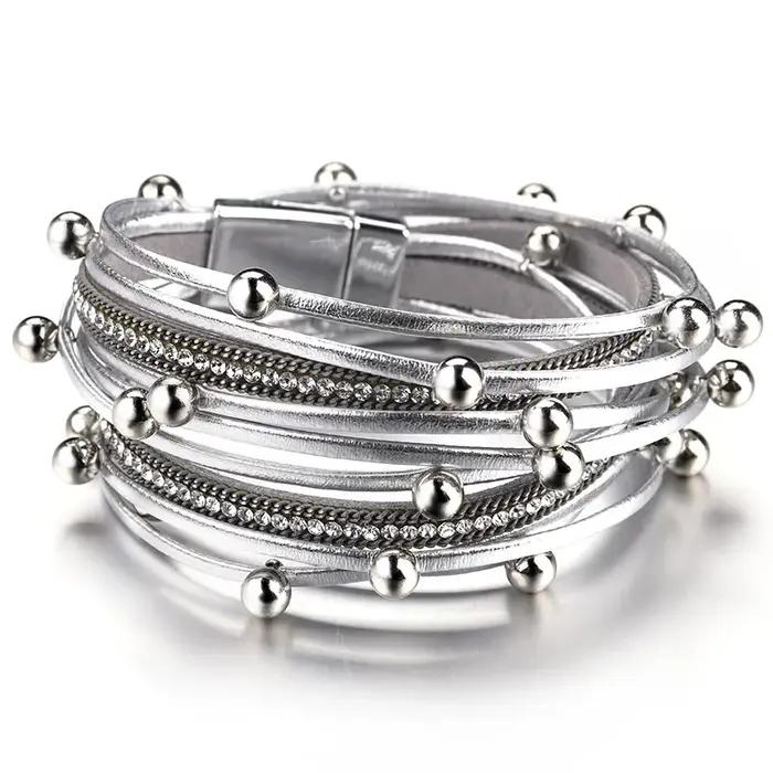 Amorcome-Bracelets à breloques multicouches pour femmes, bijoux en cuir, perles métalliques, double