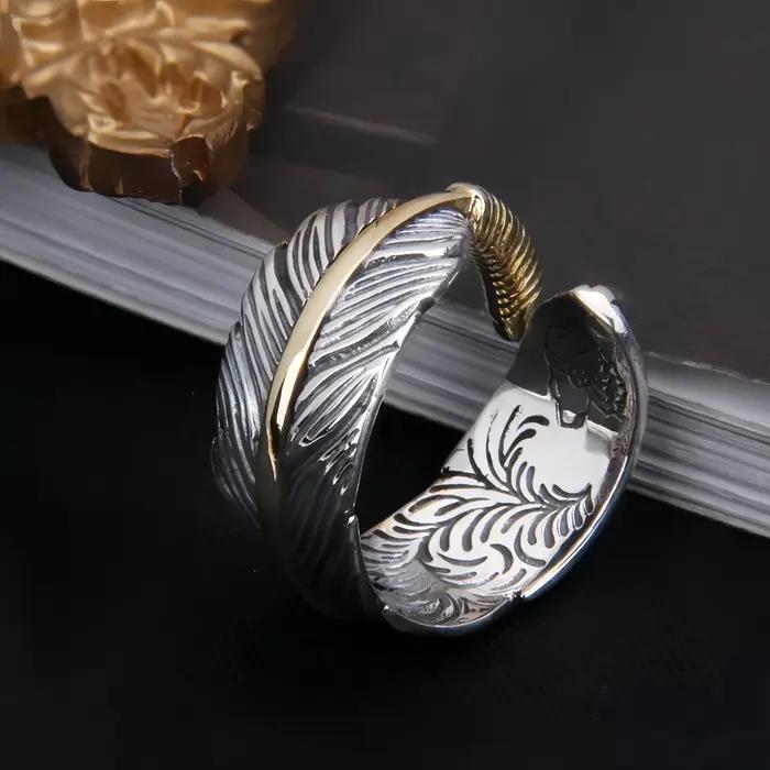 Bague ouverte réglable avec graffitis de plumes dorées rétro pour hommes