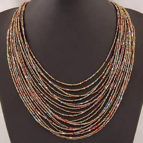 Collier de perles de riz créativité plusieurs couches tissage à la main bohême embellissement femme réglable mode