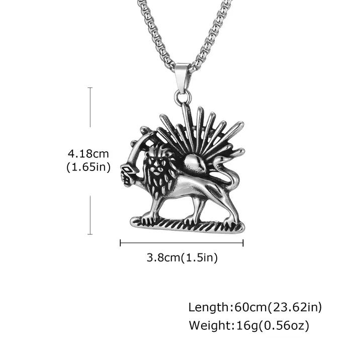 Collier Persan Shir Khorshid Lion Soleil Pahlavi pour Hommes, Collier en Acier Inoxydable Couleur Ar