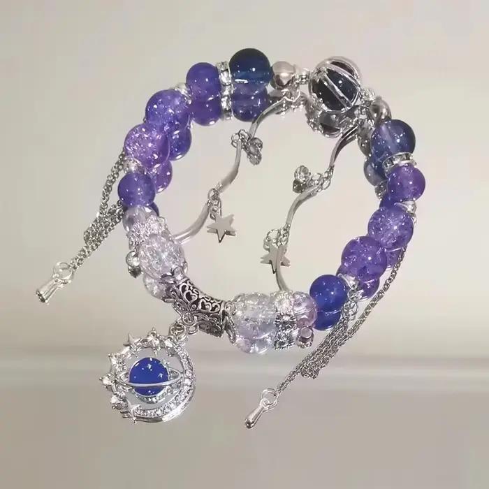 Bracelets en perles de cristal de verre bleu clair pour femme