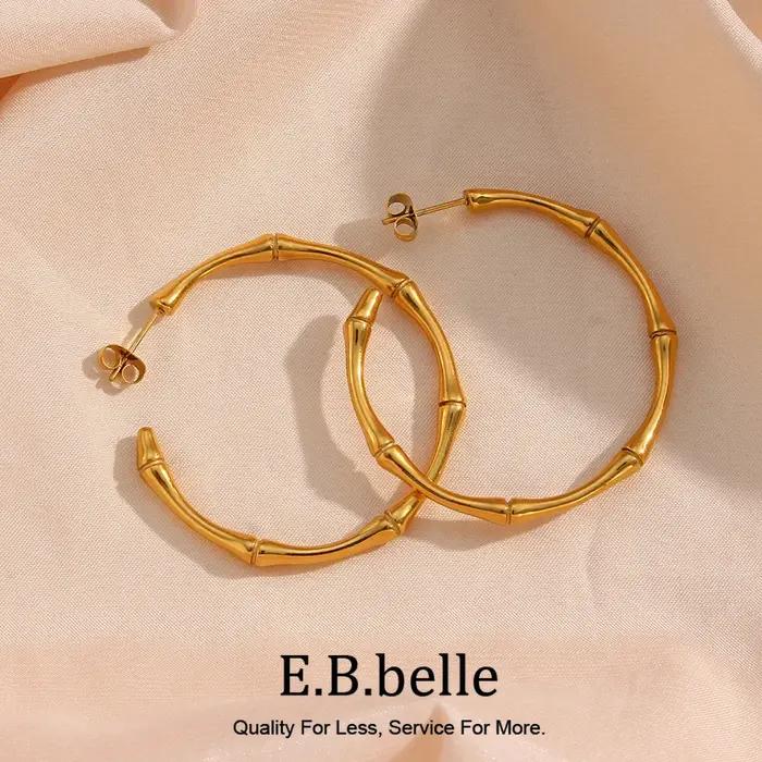 E.B.belle minimaliste basique mince bambou grandes boucles d'oreilles en or pour femmes en acier inoxydable plaqué or étanche femme grand cerceau