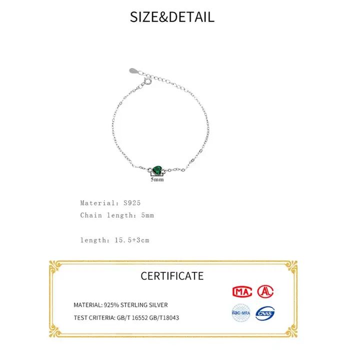 Bracelet Vert Cœur en Argent Sterling 925 Serti de Zirconium Blanc Élégant pour Femmes Occasions Spéciales