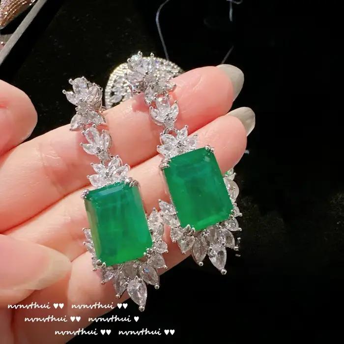 Ensemble de bijoux rectangulaires géométriques émeraude en argent 925 pour femmes, luxe vintage, mariage, collier, boucles d'oreille, bague, cadeau spécial