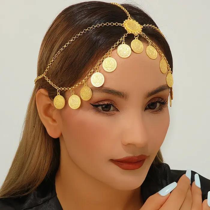 Bijoux kurdos en alliage couleur or égyptien chaîne de tête avec pompon pour femmes occasions spéciales traditionnelles mariage anniversaire