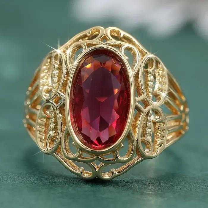 Magnifique bague vintage en or creux sculptée à la main avec rubis synthétiques pour femme