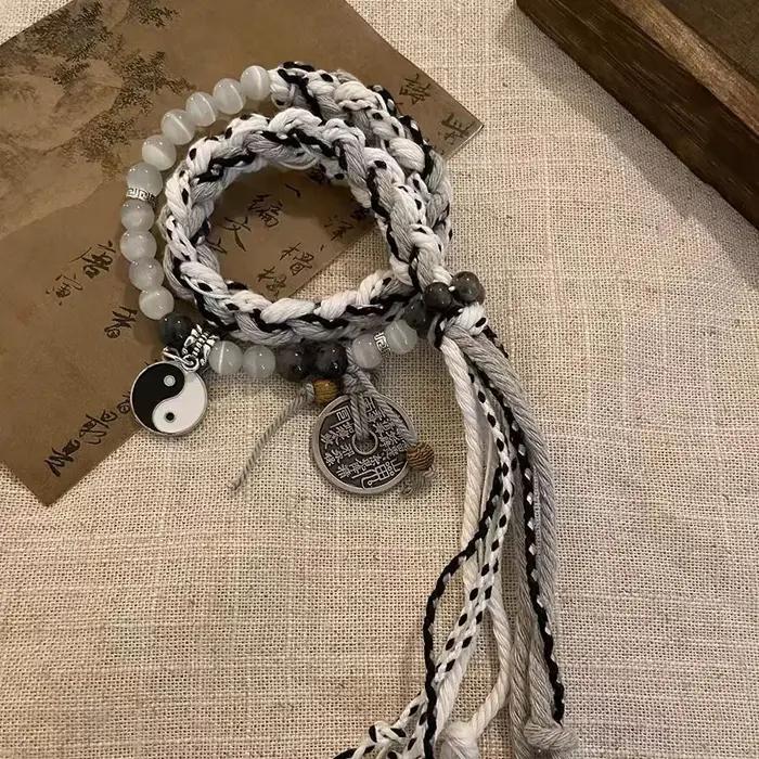 Bracelets tressés faits à la main pour femmes et hommes, breloque de Style chinois, Double couche, perles empilables, bijoux réglables