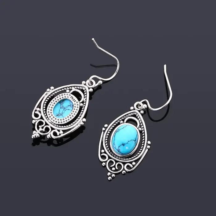 Boucles d'oreilles ovales Turquoise en argent Sterling 925 pour femmes, design vintage, occasion spéciale, engagement, anniversaire, fête